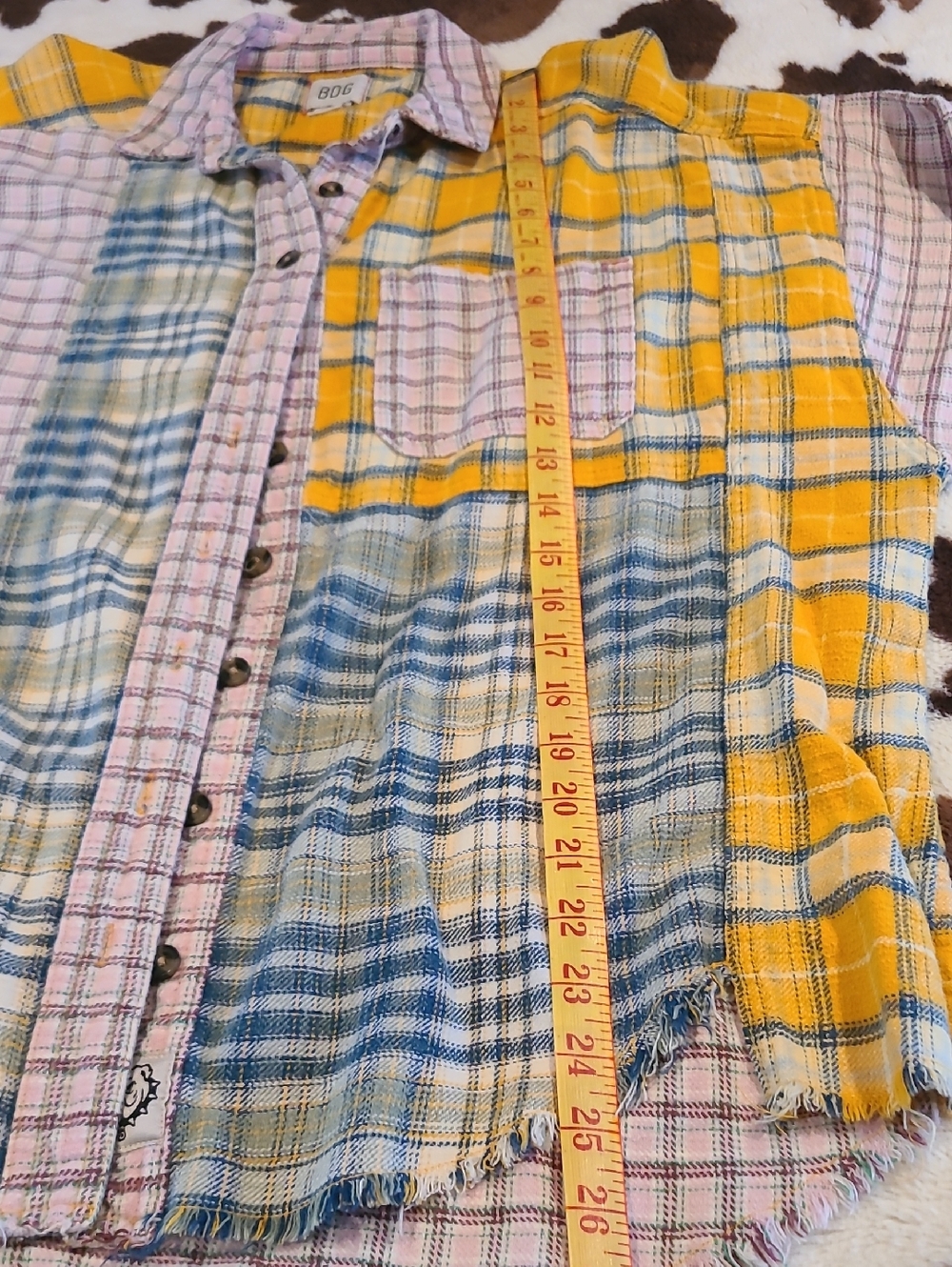 BDG Patchwork Plaid Button-Up Shirt in Yellow, Pink & Green - Picture 9 of 9